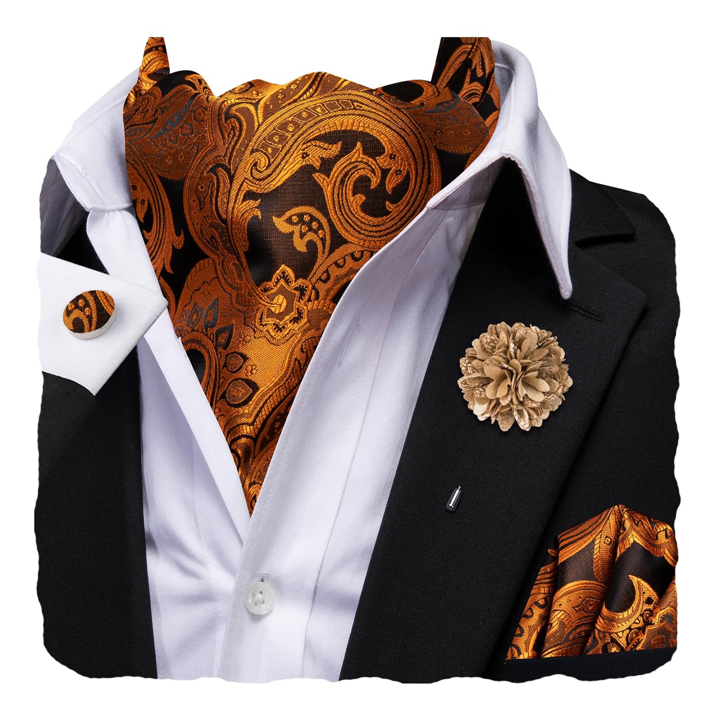 Silk Ascot for Men Self Tie Men's Cravat and Flower Lapel Pin Handkerchief Cufflinks Set for Wedding Party