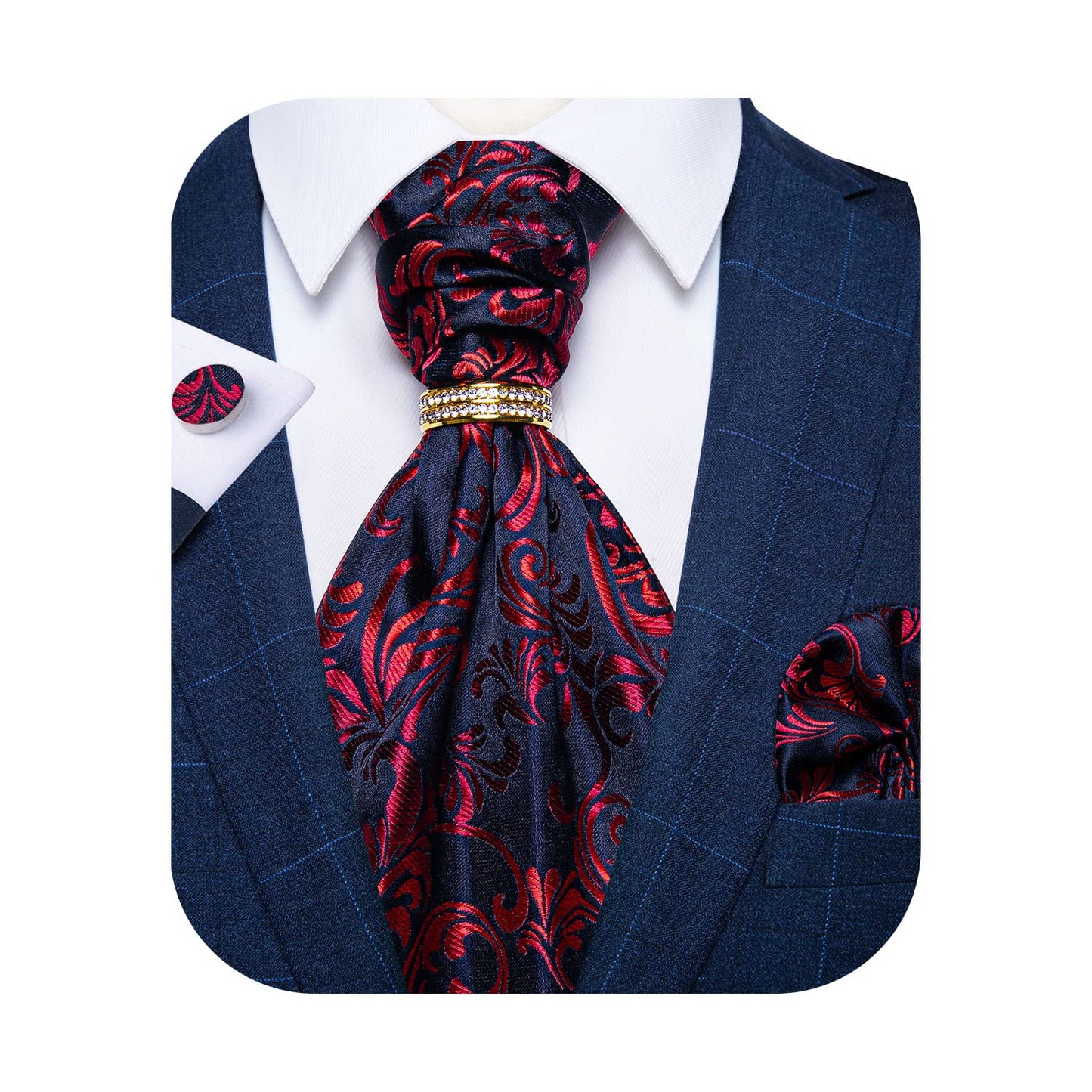 DiBanGu Paisley Ascot Ties for Men Silk Woven Cravat Tie and Pocket Square Cufflinks Set with Tie Ring for Wedding Party