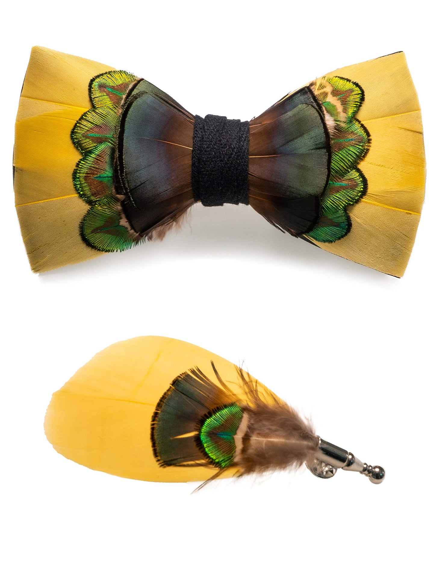 Handmade Feather Pre-tied Bow tie and Brooch Sets for Men