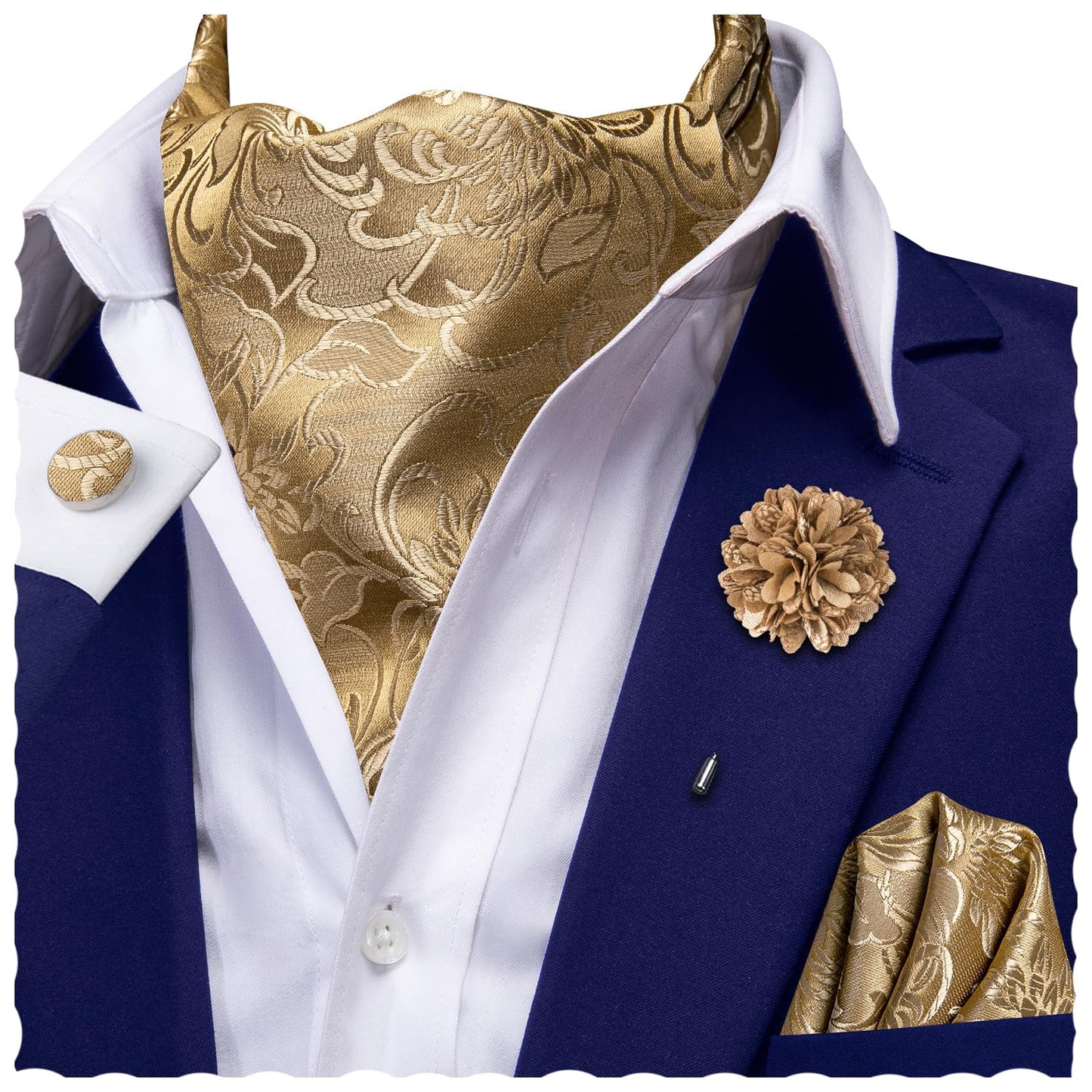 Ascot for Men Silk Cravat Handkerchief Cufflinks Lapel Pin Scarf Tie Sets Wedding Party Formal