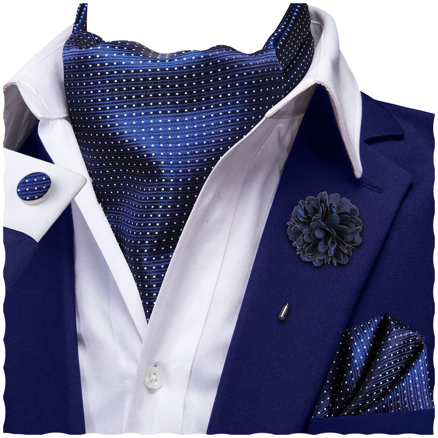 Ascot for Men Silk Cravat Handkerchief Cufflinks Lapel Pin Scarf Tie Sets Wedding Party Formal