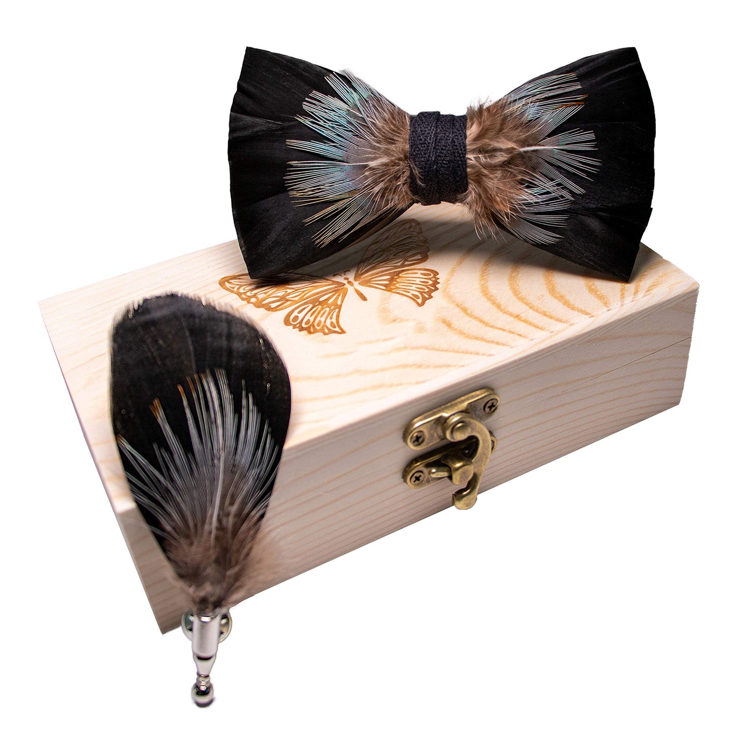 Handmade Feather Pre-tied Bow tie and Brooch Sets for Men