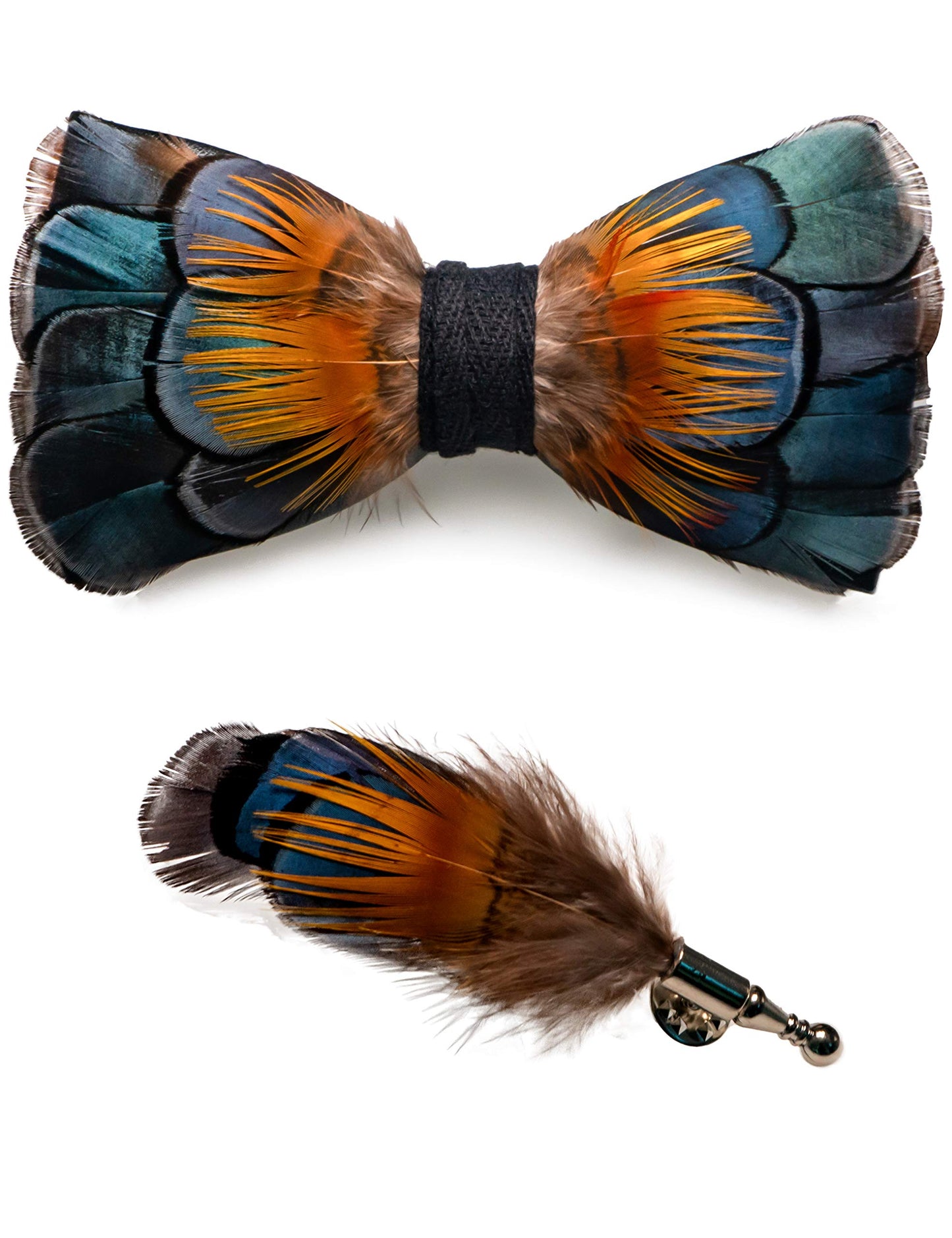 Handmade Feather Pre-tied Bow tie and Brooch Sets for Men