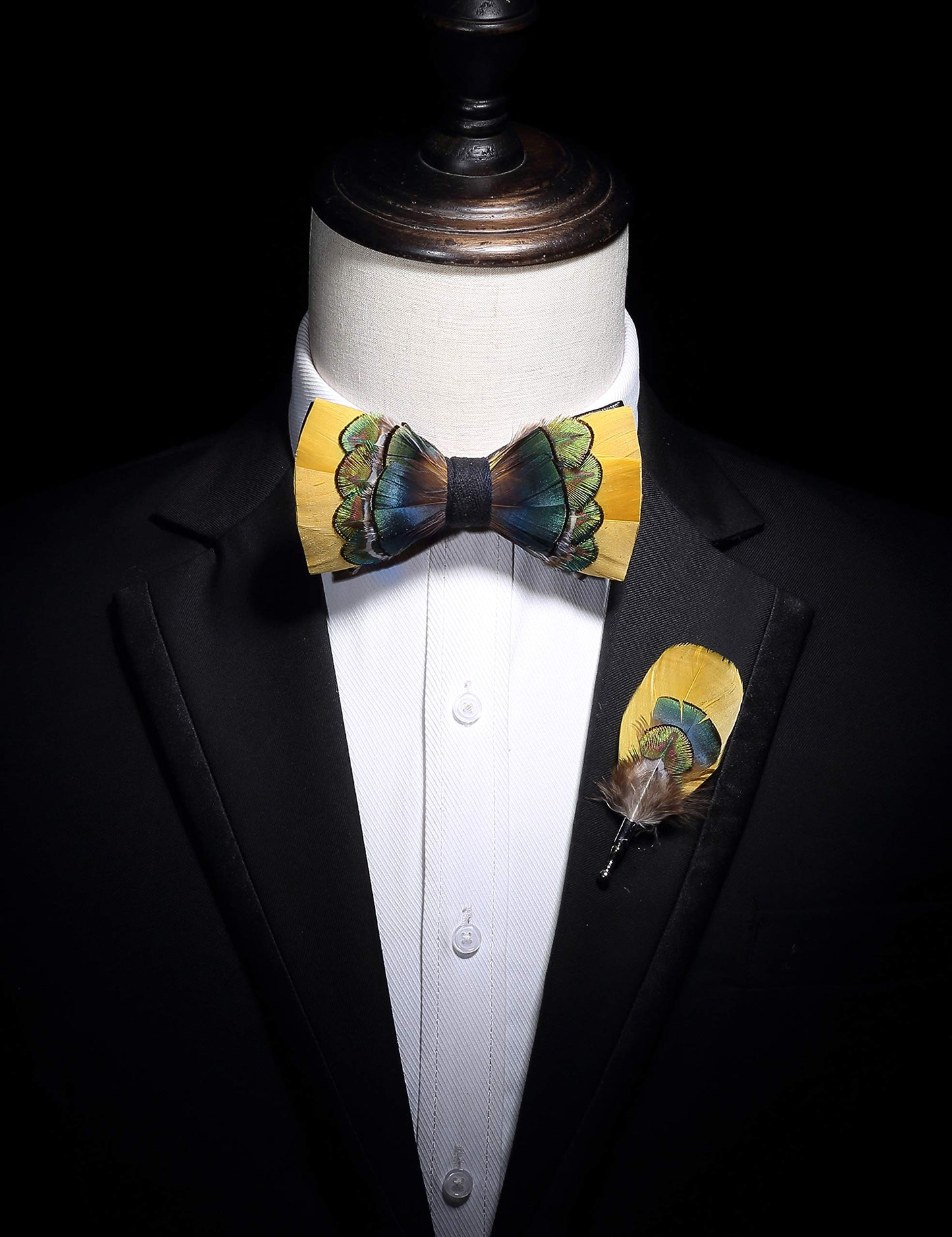 Handmade Feather Pre-tied Bow tie and Brooch Sets for Men