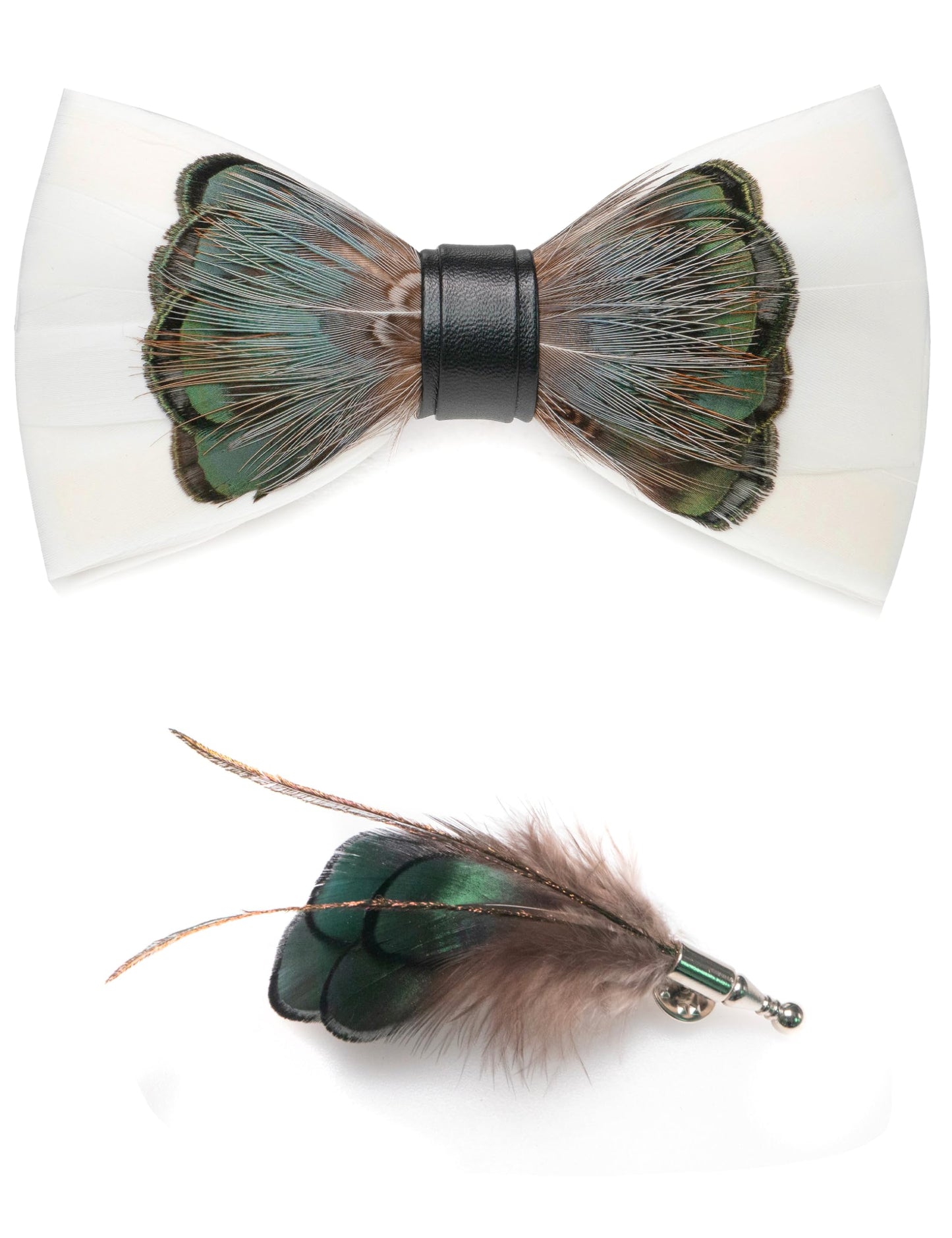 Handmade Feather Pre-tied Bow tie and Brooch Sets for Men