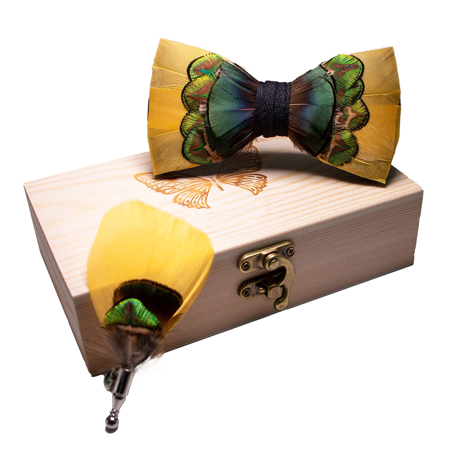 Handmade Feather Pre-tied Bow tie and Brooch Sets for Men
