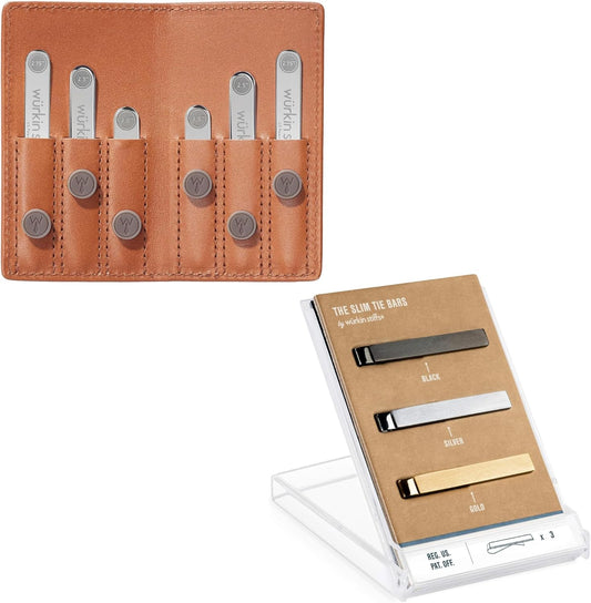 Würkin Stiffs Assorted Power Stays Magnet Collar Stay Travel Set | Tan Leather Wallet Case | Slim Tie Bar Clip Set | Set of 3 1.65" Brushed Finish Tie Clips | As Seen on Shark Tank