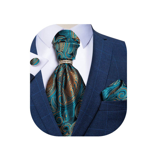 DiBanGu Paisley Ascot Ties for Men Silk Woven Cravat Tie and Pocket Square Cufflinks Set with Tie Ring for Wedding Party