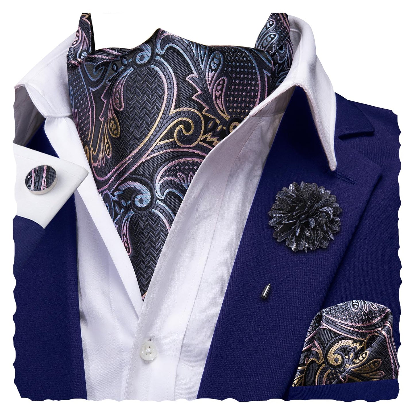 Ascot for Men Silk Cravat Handkerchief Cufflinks Lapel Pin Scarf Tie Sets Wedding Party Formal