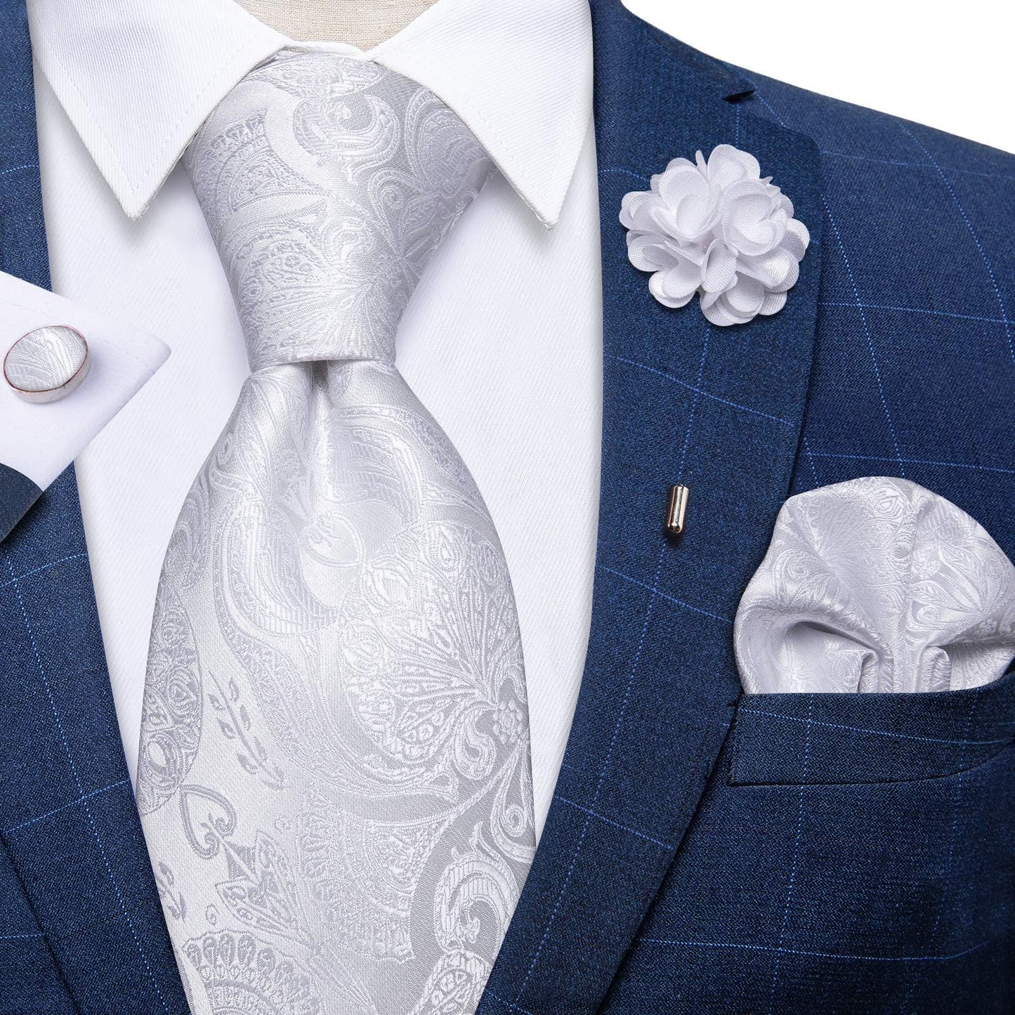 Silk Ties for Men Necktie and Lapel Pin Brooch Set Formal Woven Paisley Plaid Striped Solid Tie Wedding Party