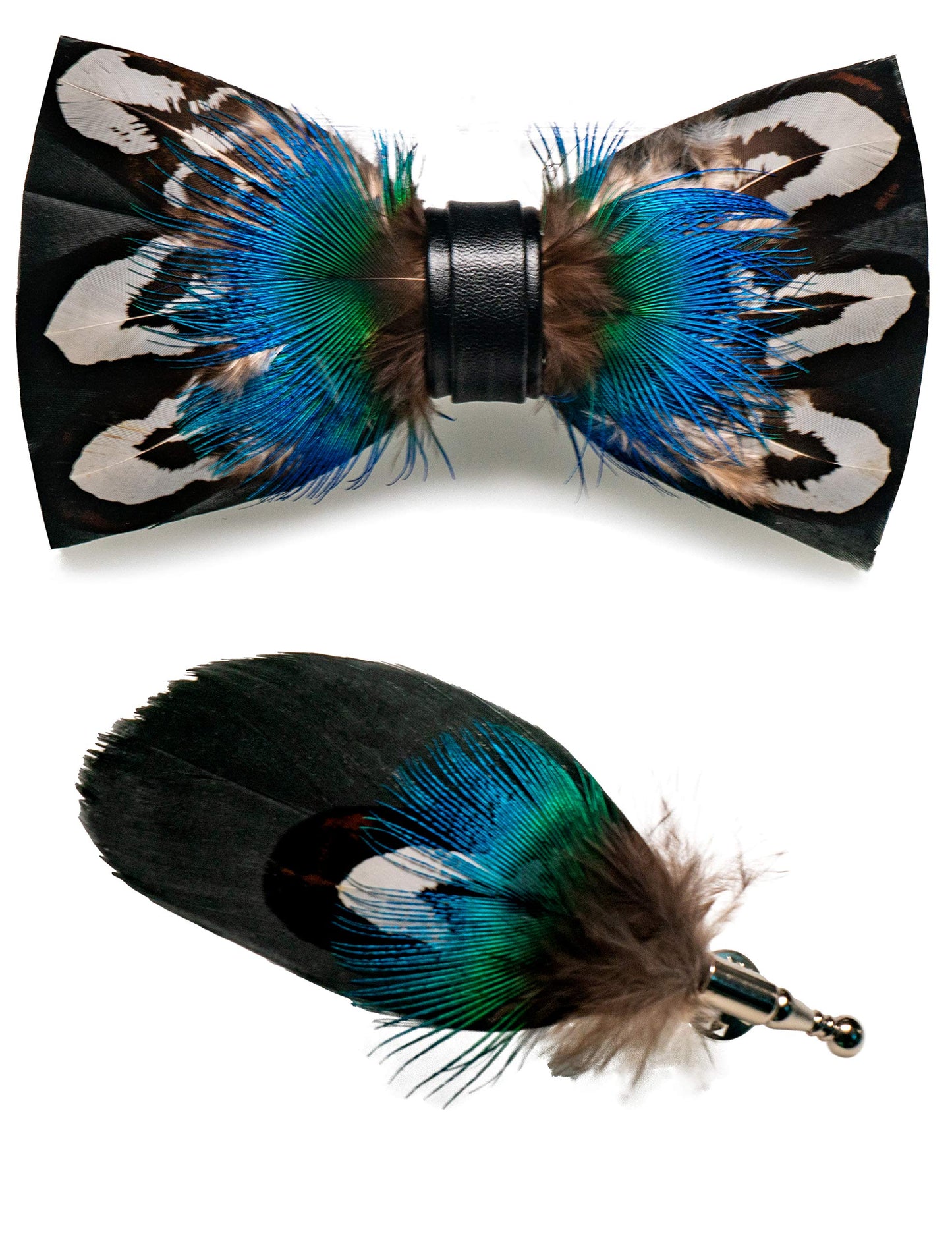Handmade Feather Pre-tied Bow tie and Brooch Sets for Men
