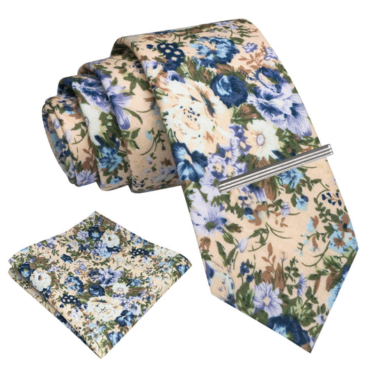 Cotton Floral Skinny Tie and Pocket Square With Tie Clip Set