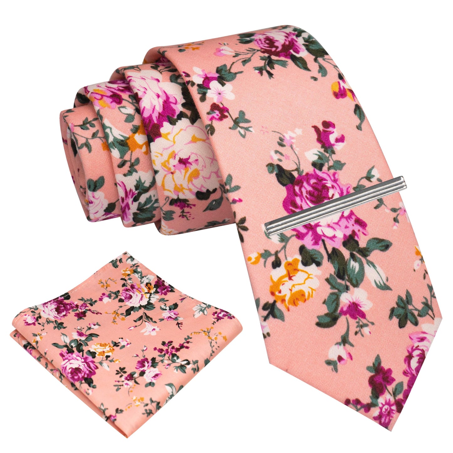 Cotton Floral Skinny Tie and Pocket Square With Tie Clip Set