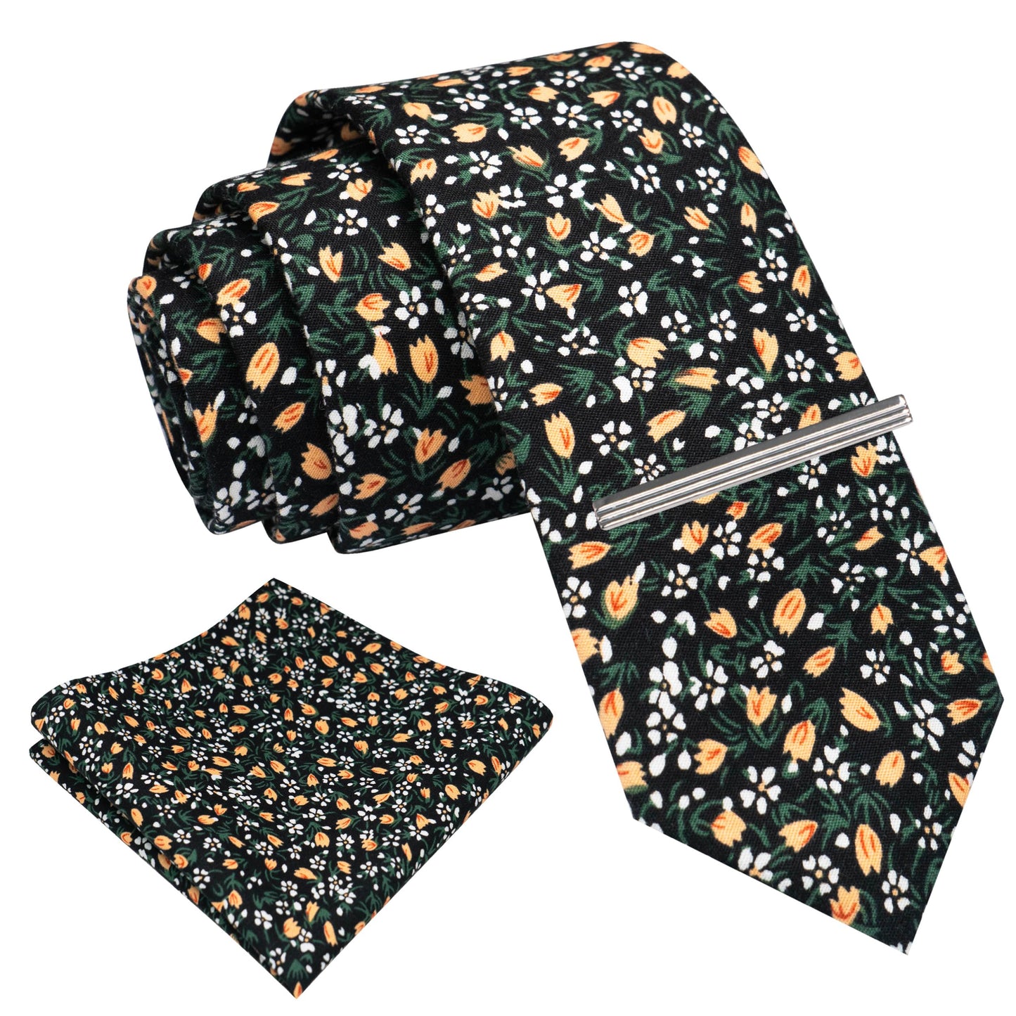 Cotton Floral Skinny Tie and Pocket Square With Tie Clip Set