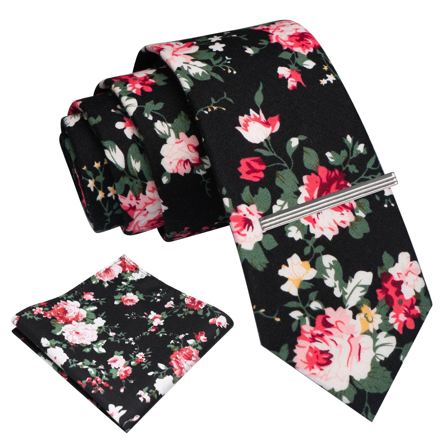 Cotton Floral Skinny Tie and Pocket Square With Tie Clip Set