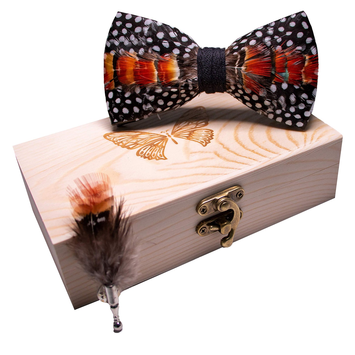 Handmade Feather Pre-tied Bow tie and Brooch Sets for Men