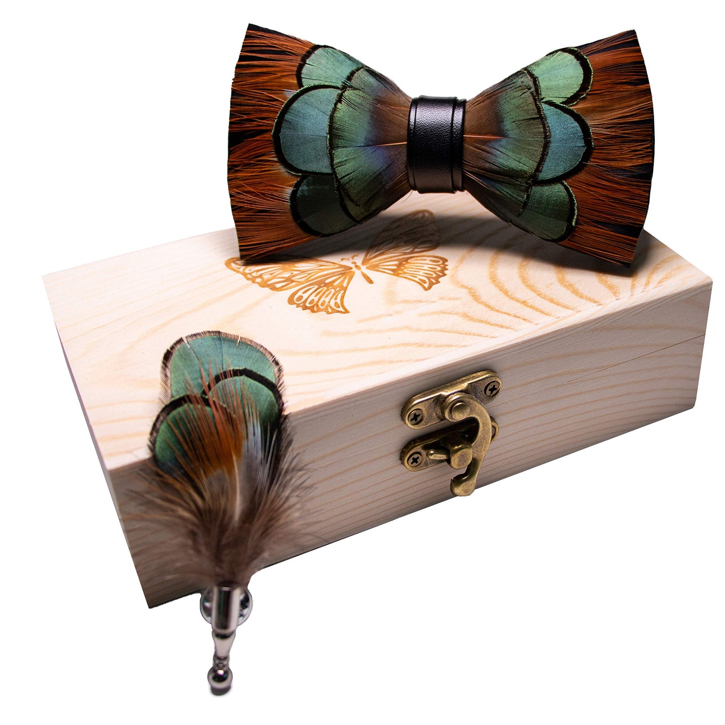 Handmade Feather Pre-tied Bow tie and Brooch Sets for Men