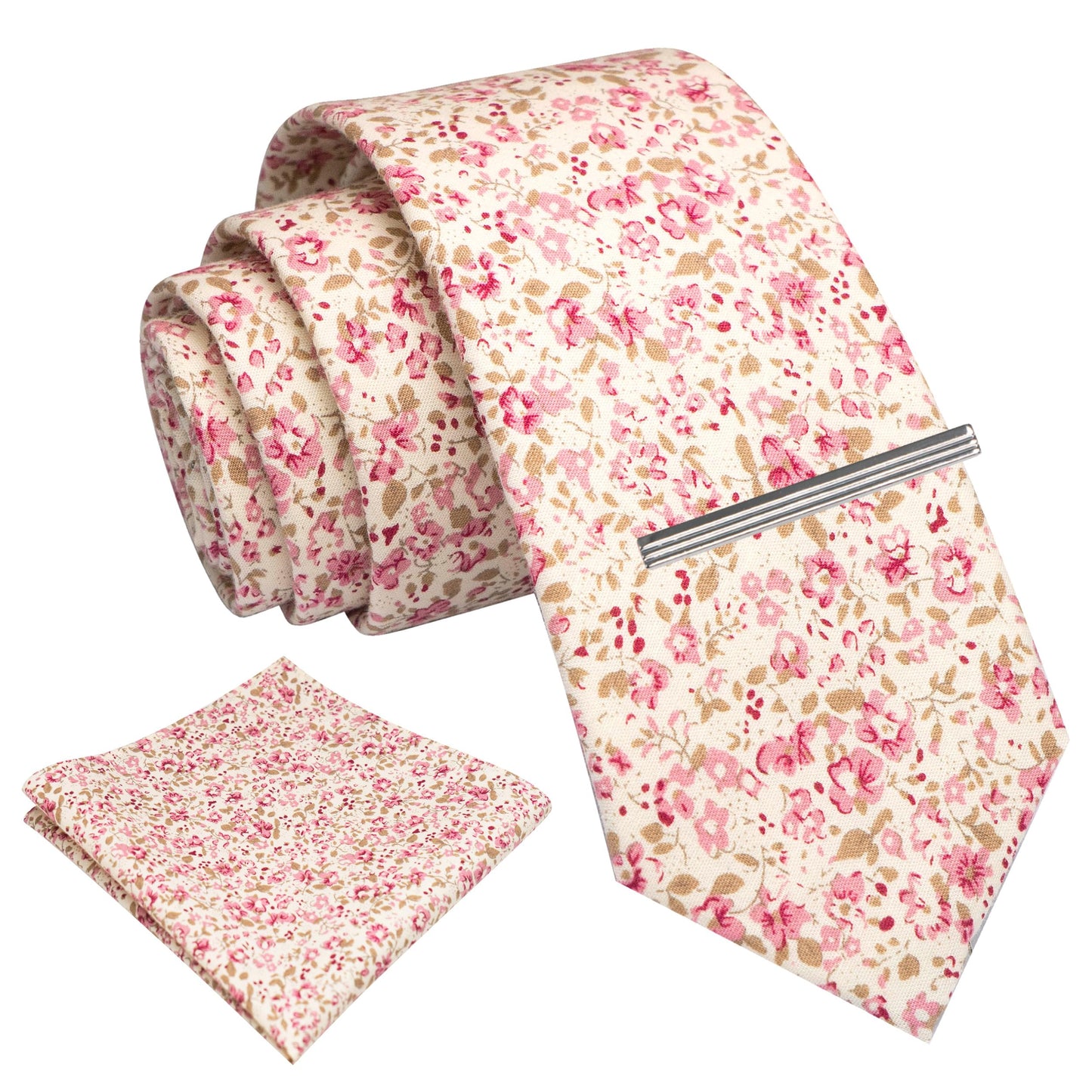 Cotton Floral Skinny Tie and Pocket Square With Tie Clip Set