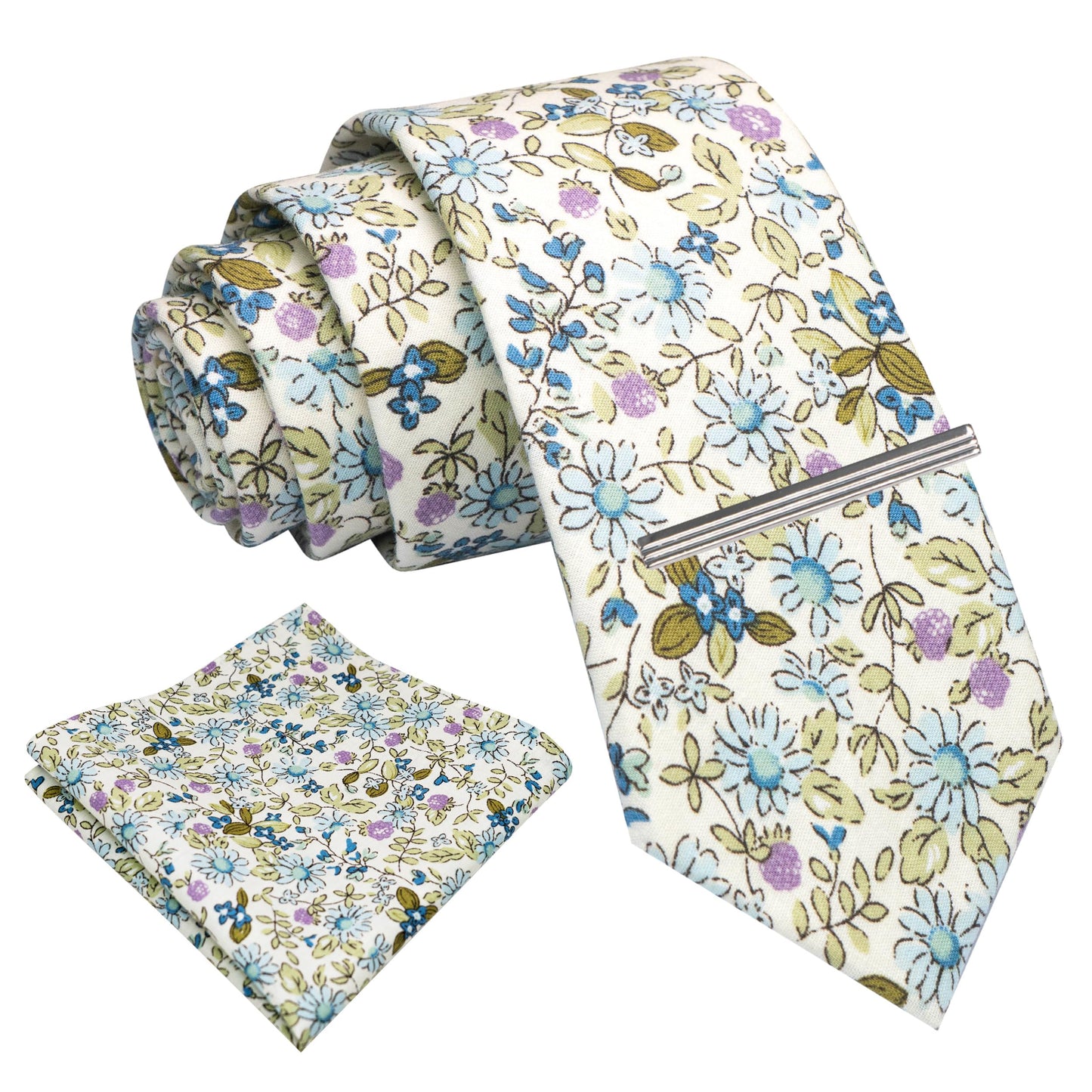 Cotton Floral Skinny Tie and Pocket Square With Tie Clip Set