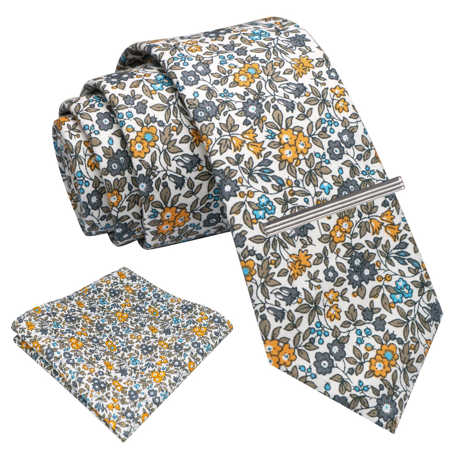 Cotton Floral Skinny Tie and Pocket Square With Tie Clip Set