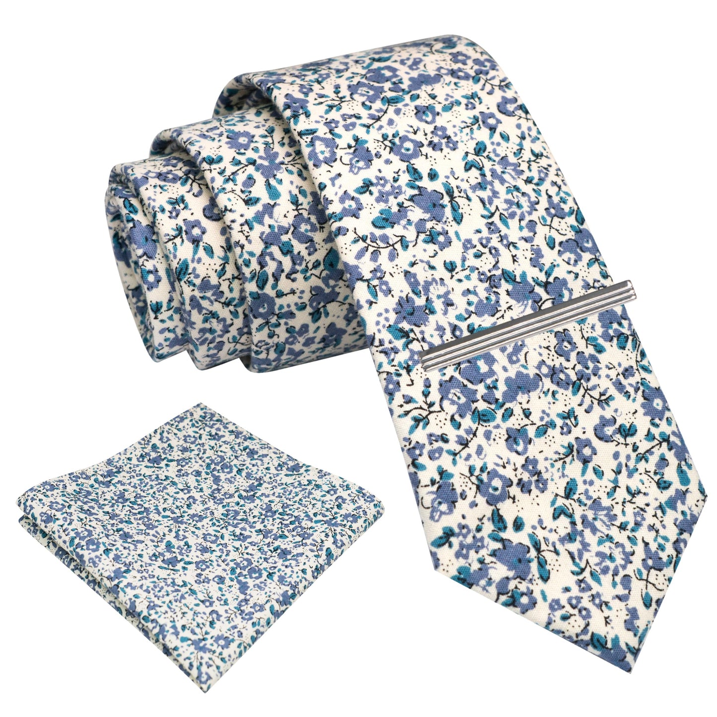 Cotton Floral Skinny Tie and Pocket Square With Tie Clip Set