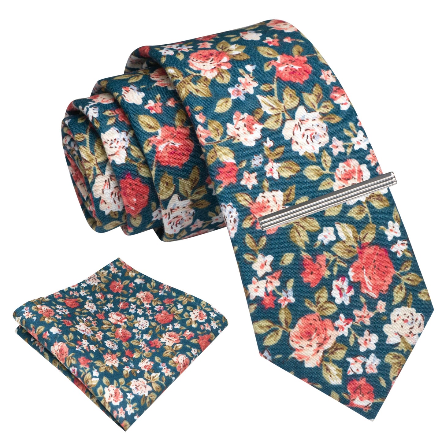Cotton Floral Skinny Tie and Pocket Square With Tie Clip Set