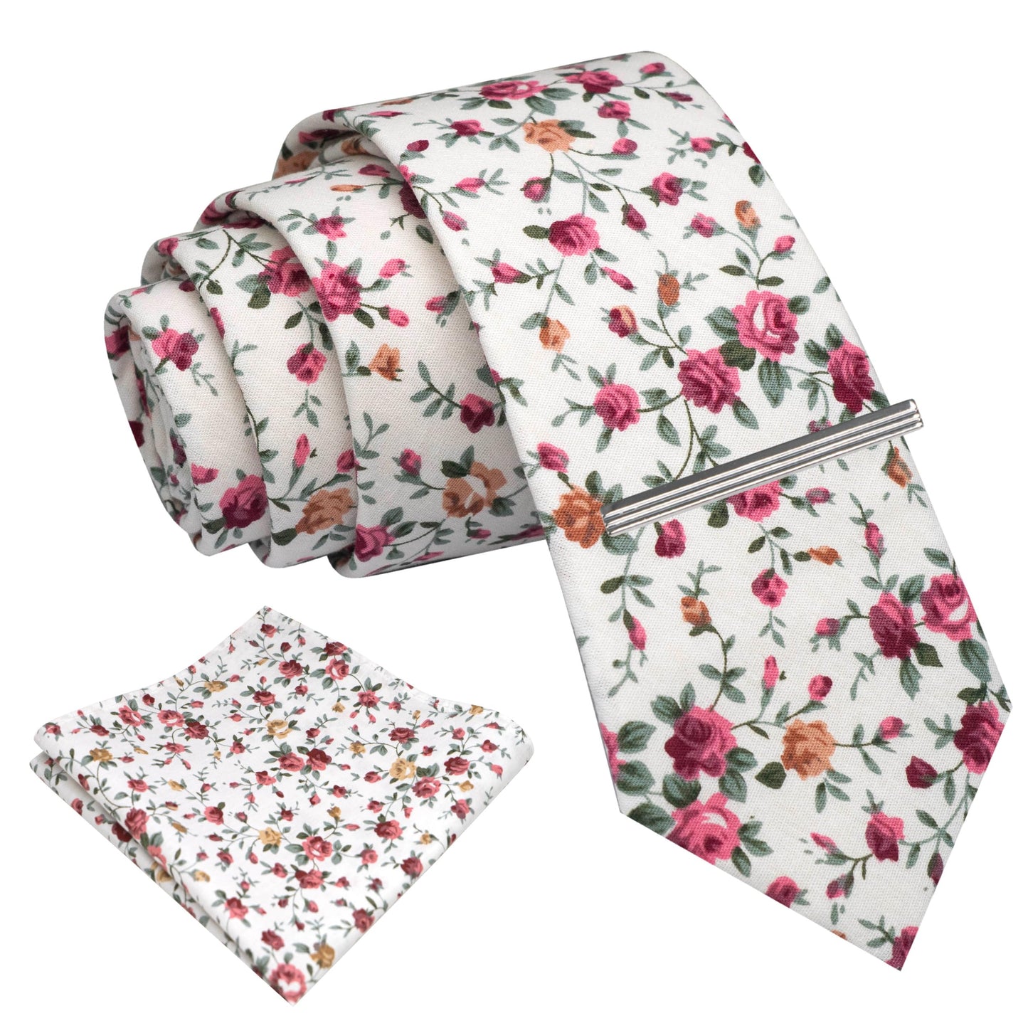 Cotton Floral Skinny Tie and Pocket Square With Tie Clip Set