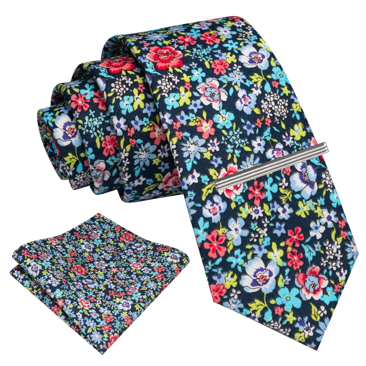 Cotton Floral Skinny Tie and Pocket Square With Tie Clip Set