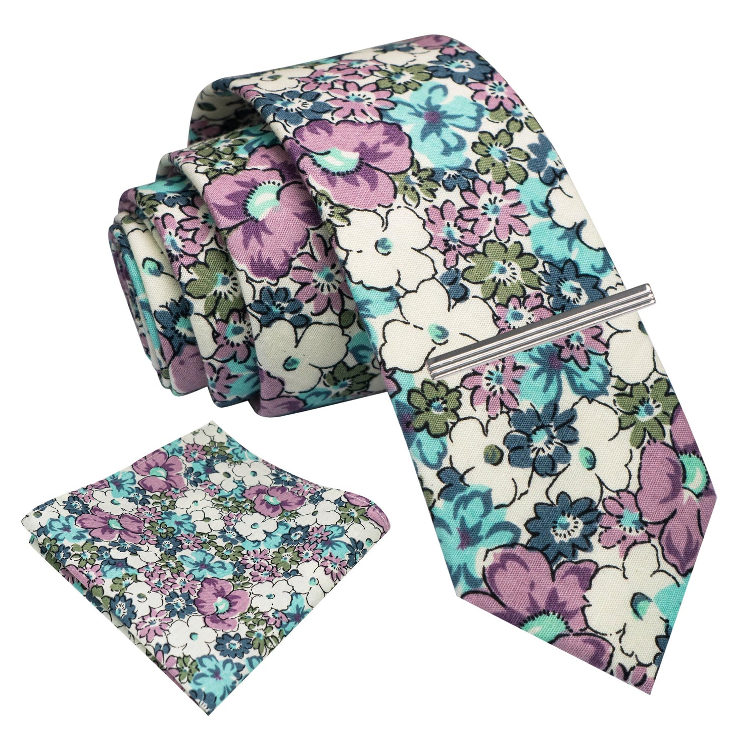 Cotton Floral Skinny Tie and Pocket Square With Tie Clip Set
