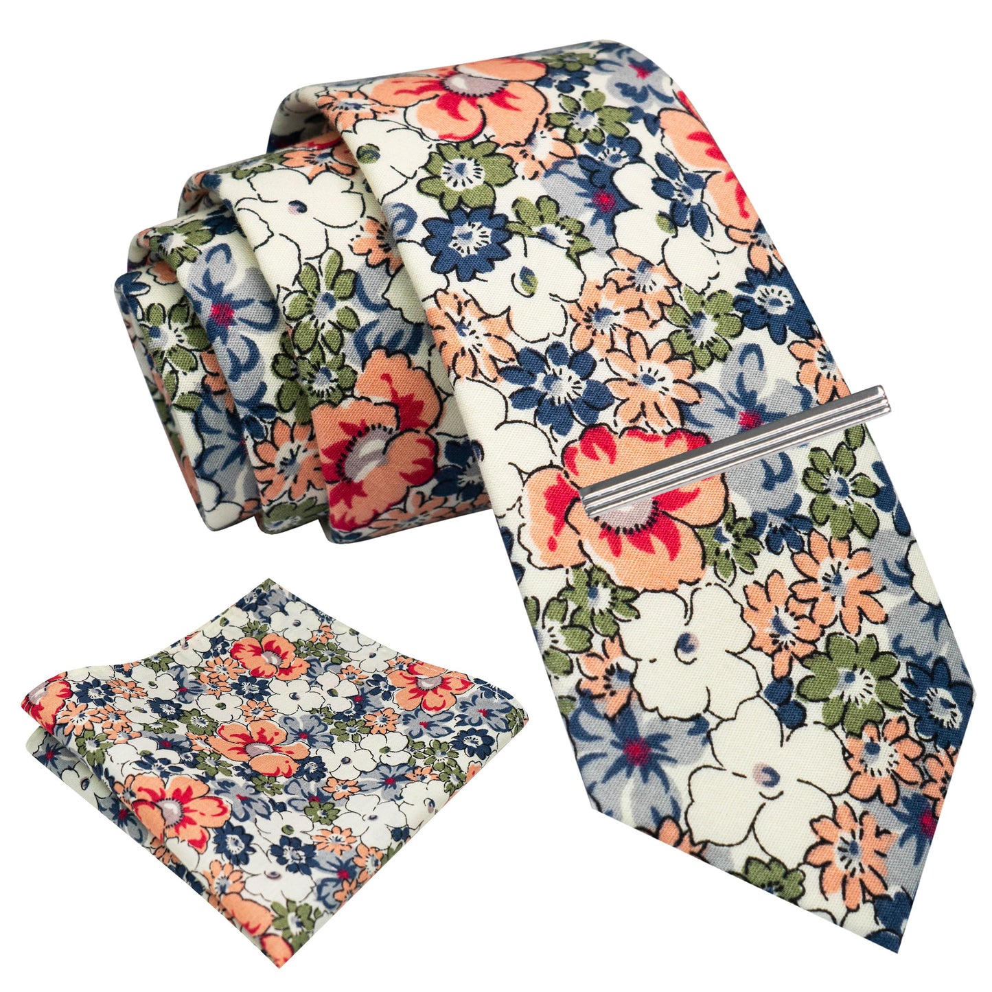 Cotton Floral Skinny Tie and Pocket Square With Tie Clip Set