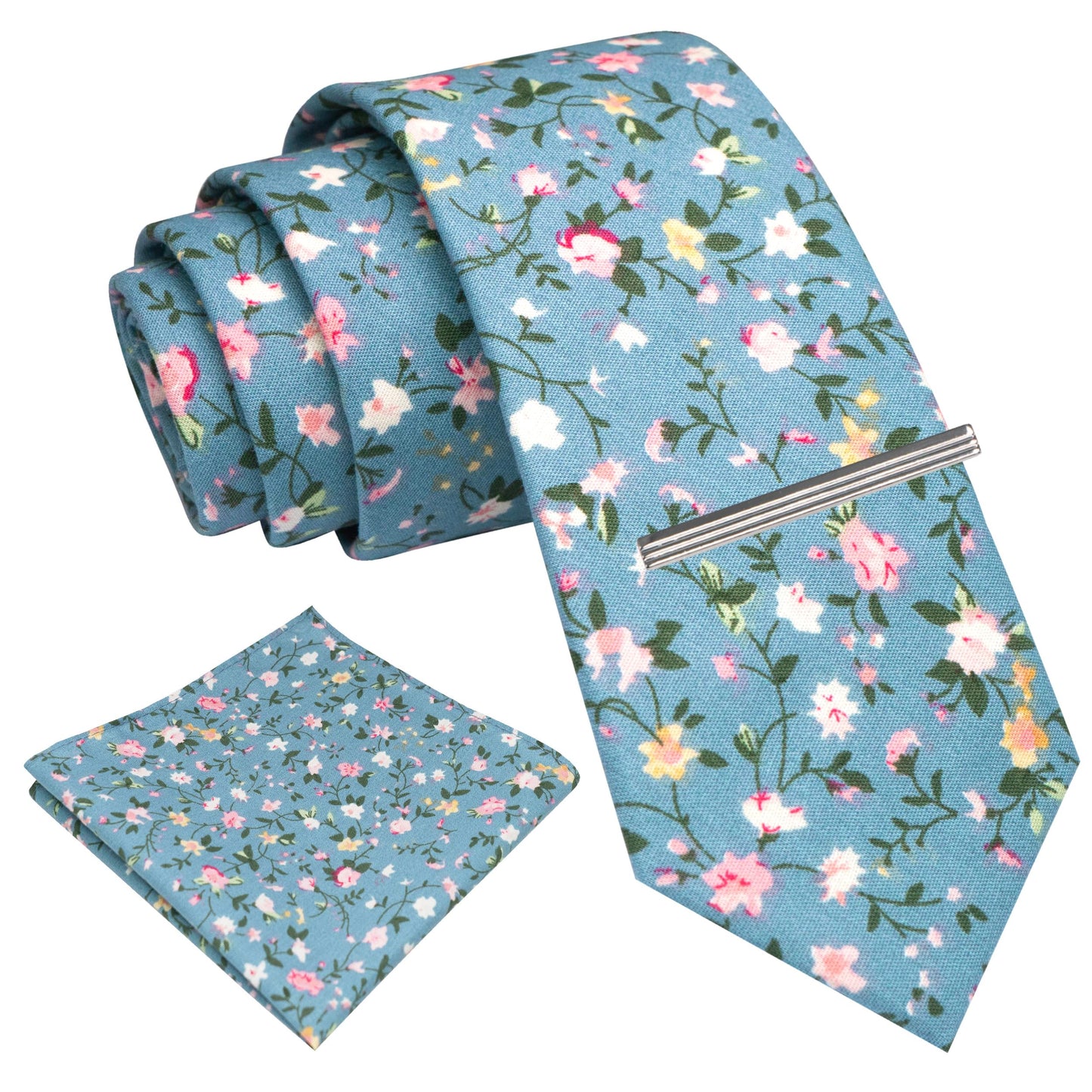 Cotton Floral Skinny Tie and Pocket Square With Tie Clip Set