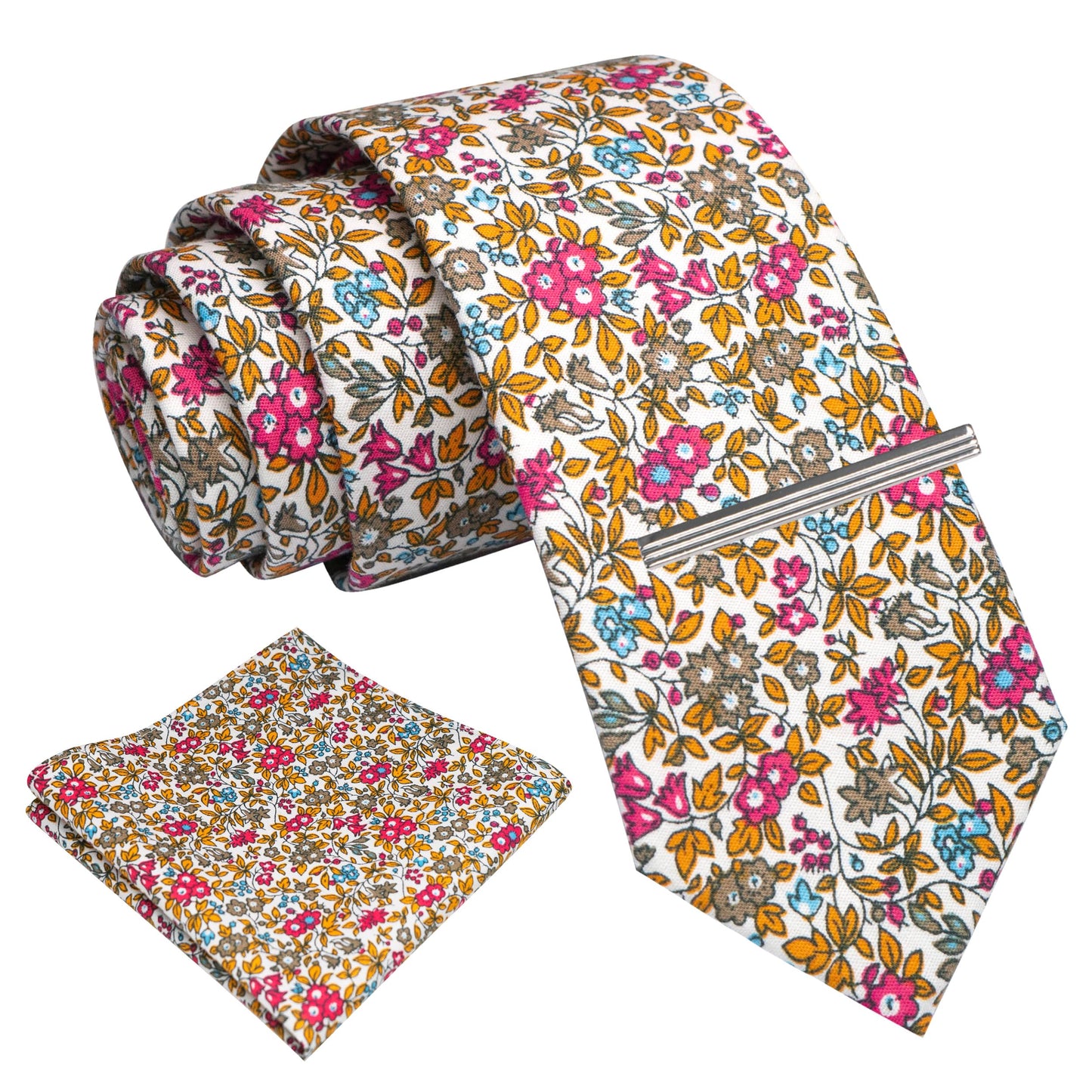 Cotton Floral Skinny Tie and Pocket Square With Tie Clip Set
