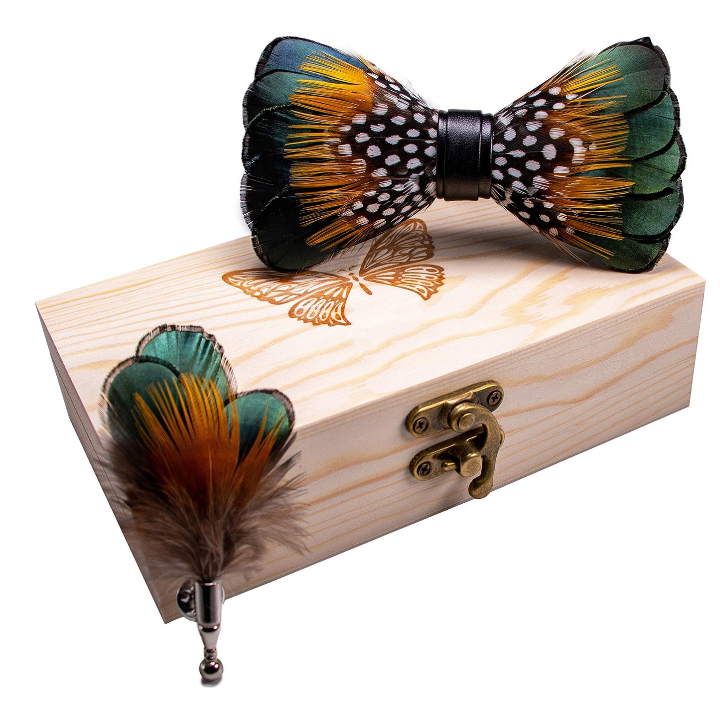 Handmade Feather Pre-tied Bow tie and Brooch Sets for Men
