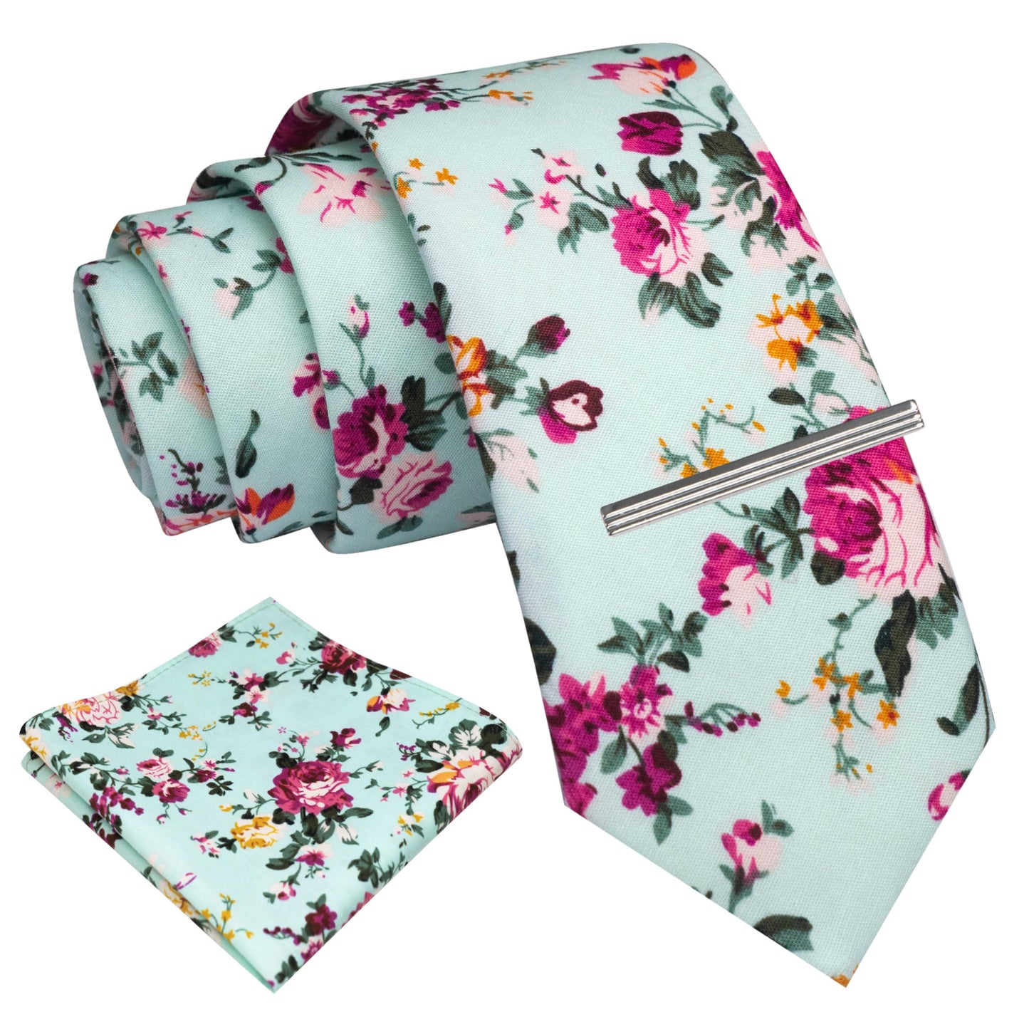 Cotton Floral Skinny Tie and Pocket Square With Tie Clip Set