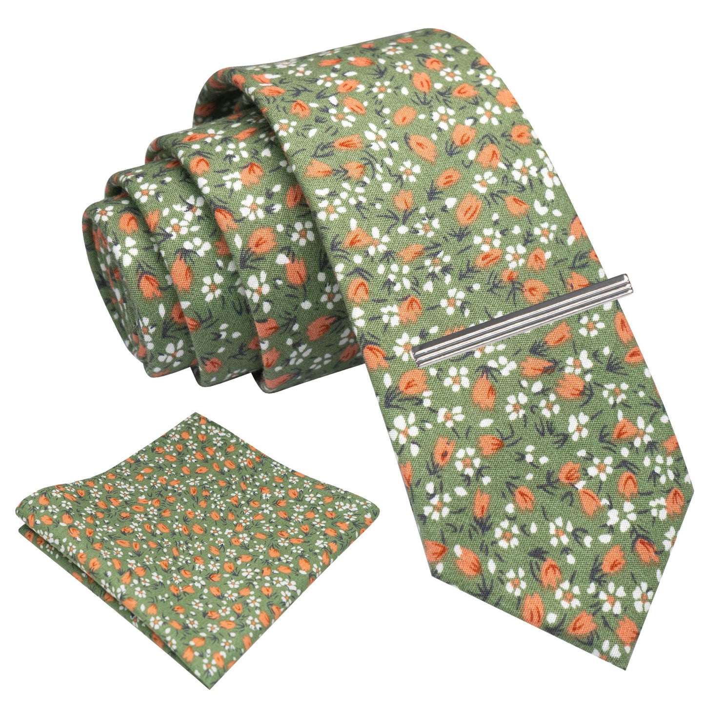 Cotton Floral Skinny Tie and Pocket Square With Tie Clip Set
