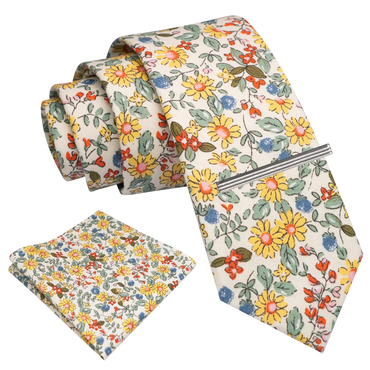 Cotton Floral Skinny Tie and Pocket Square With Tie Clip Set