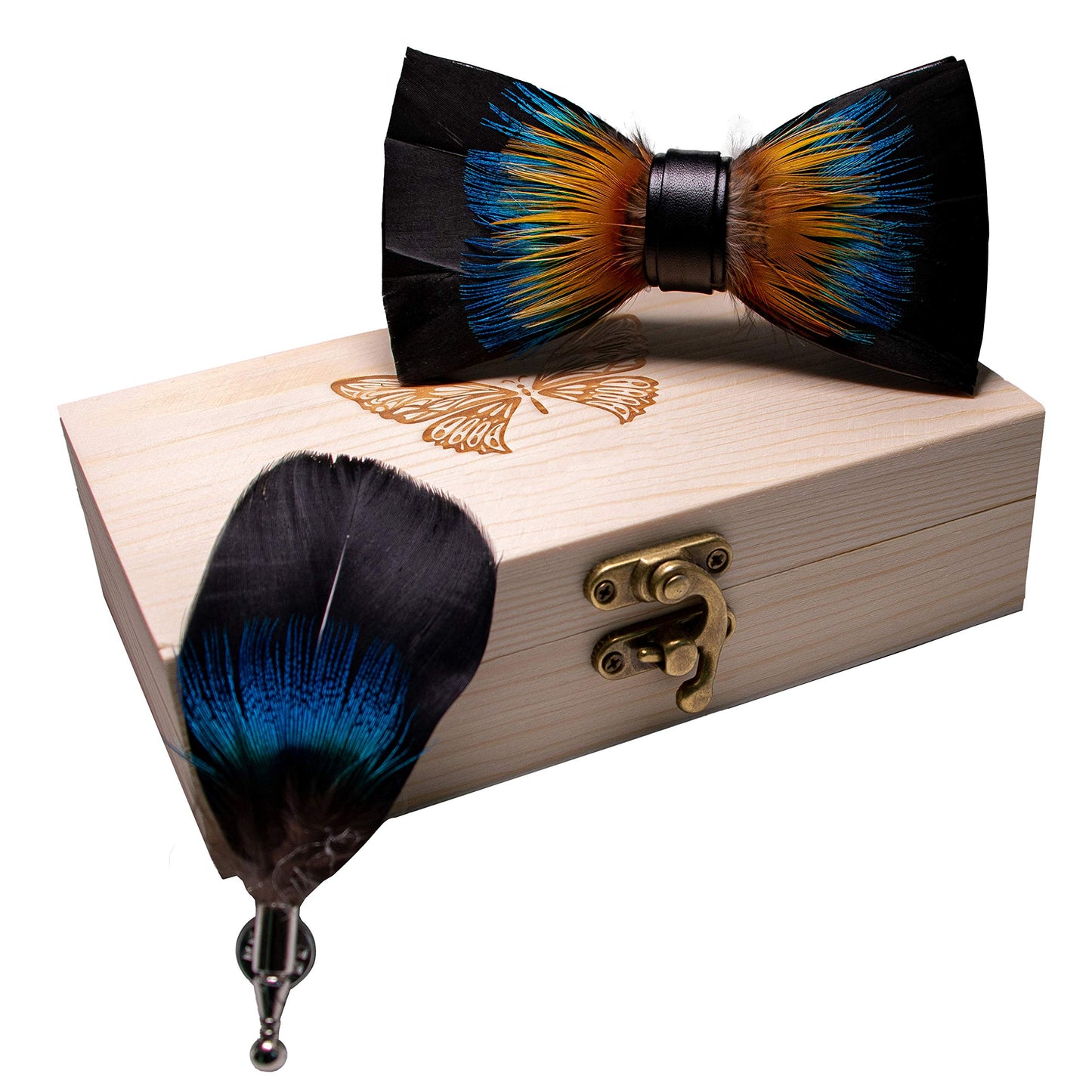 Handmade Feather Pre-tied Bow tie and Brooch Sets for Men