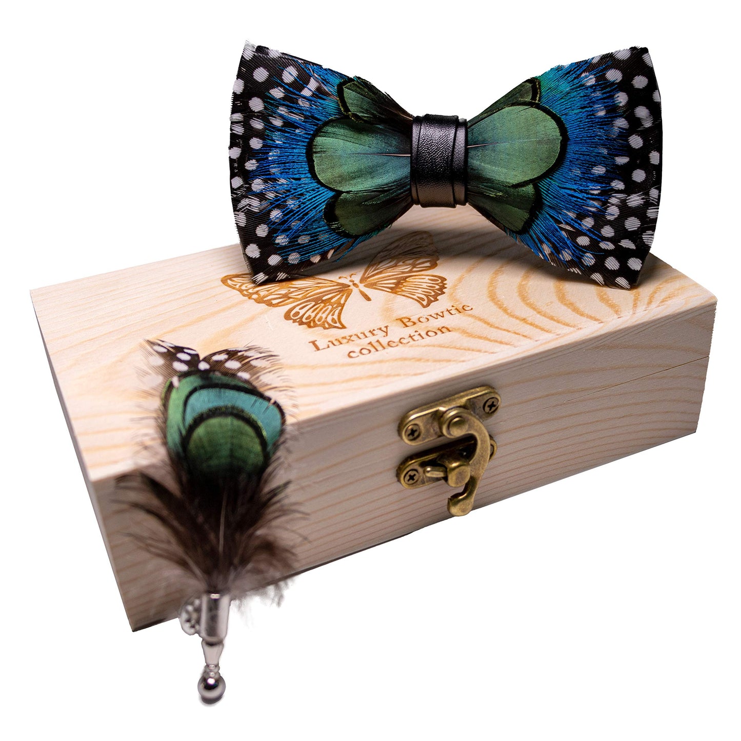Handmade Feather Pre-tied Bow tie and Brooch Sets for Men