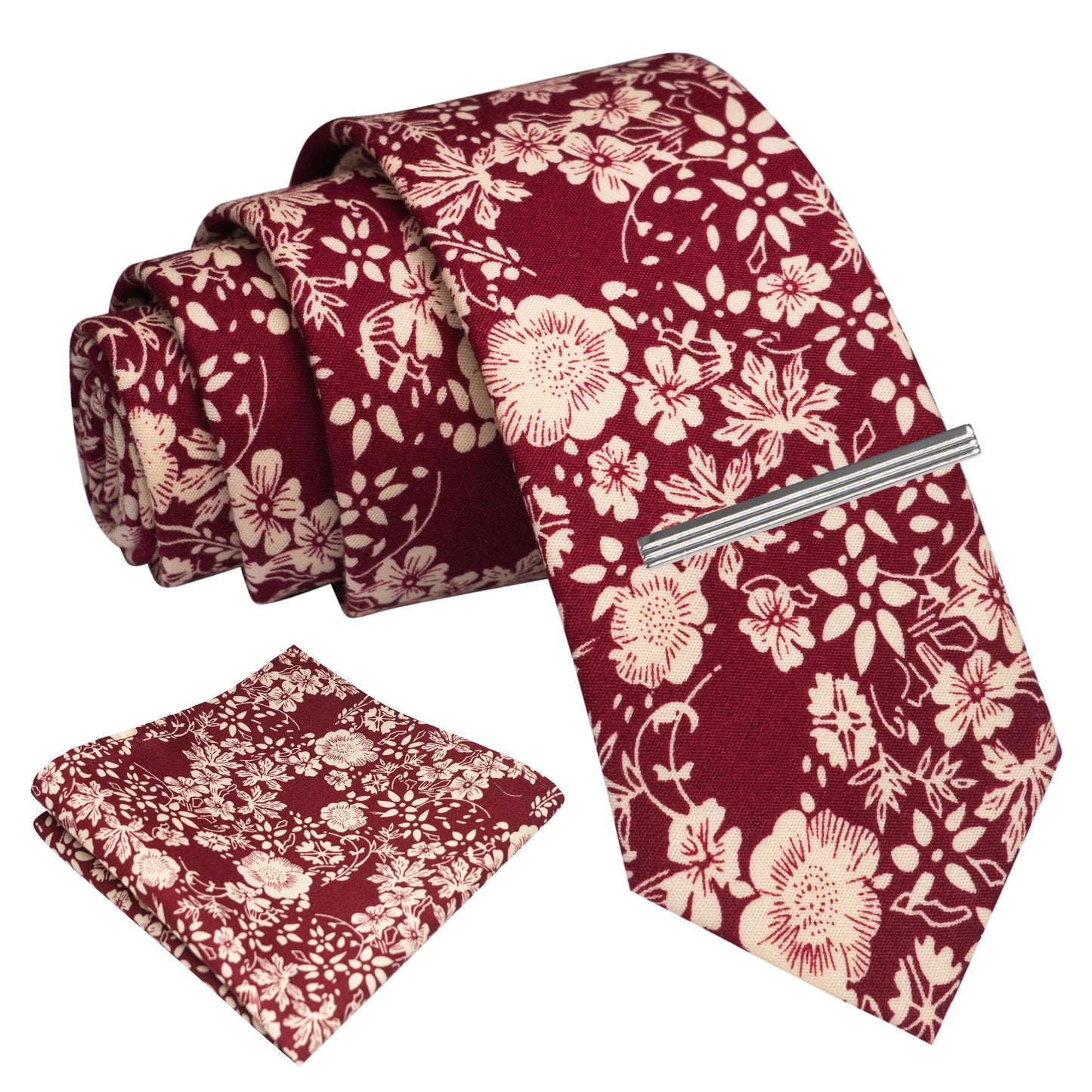 Cotton Floral Skinny Tie and Pocket Square With Tie Clip Set