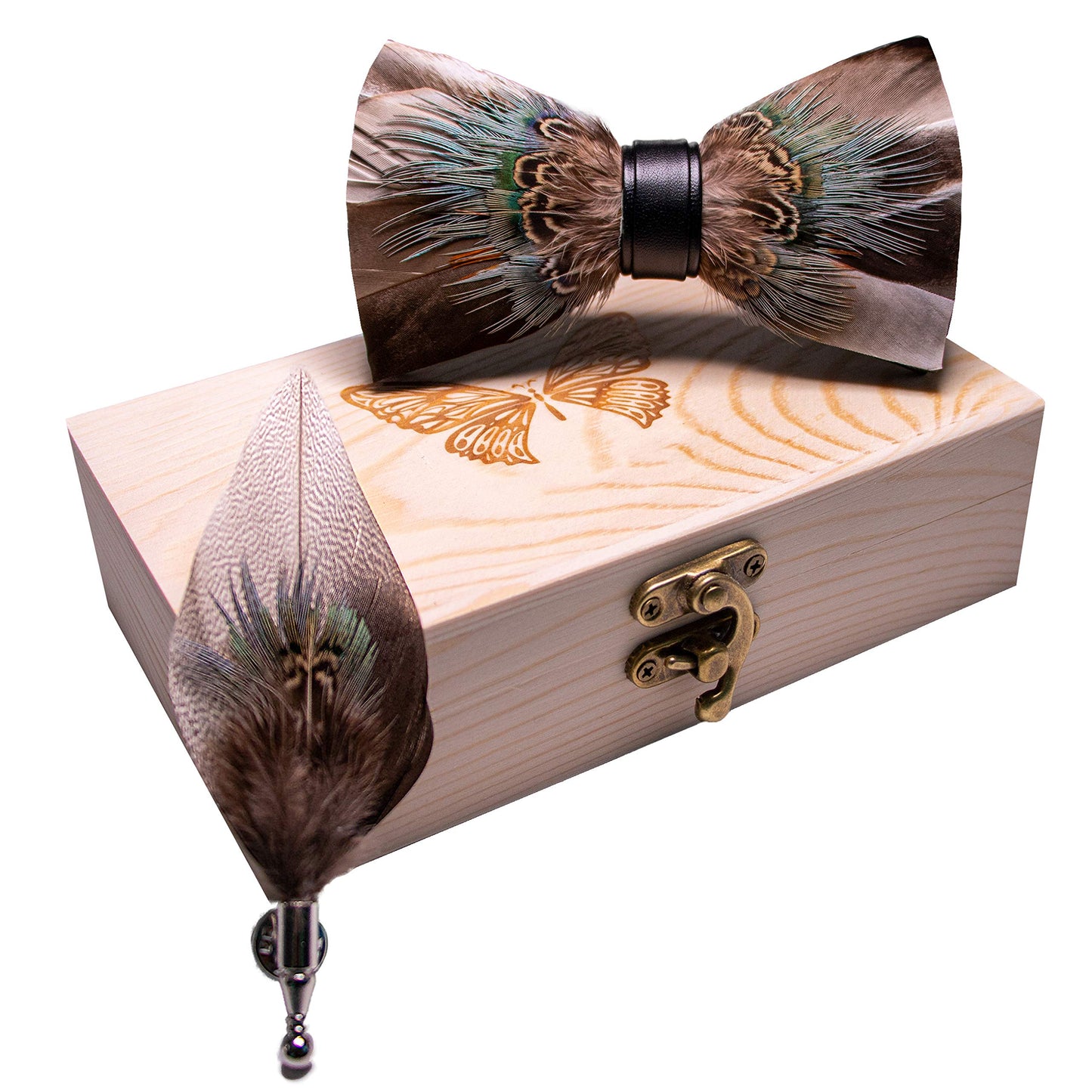 Handmade Feather Pre-tied Bow tie and Brooch Sets for Men